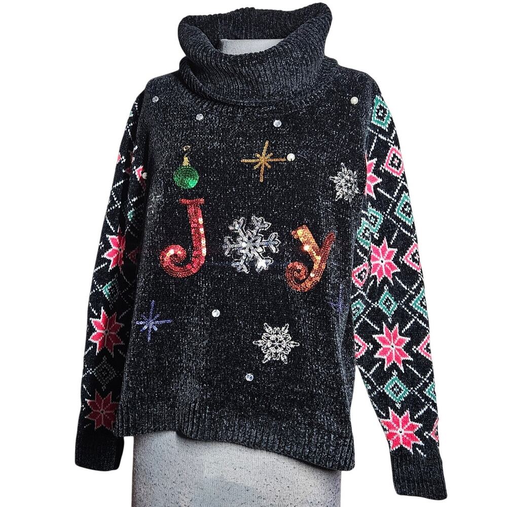 Black Chenille Joy Holiday Christmas Turtleneck Sweater Size Large